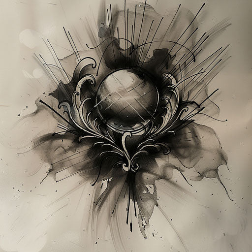 Dynamic flat tattoo sketch of a black pearl with abstract waves