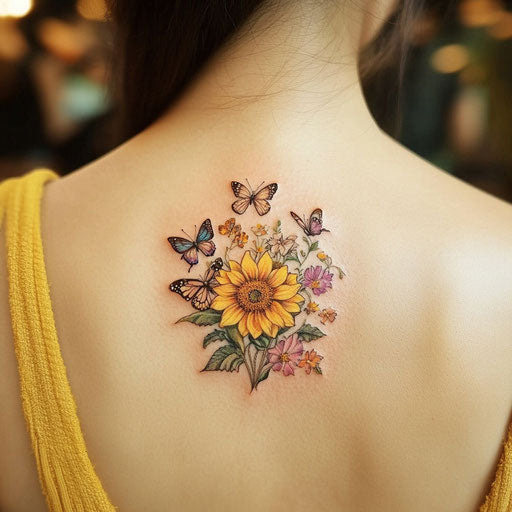 Sunflower tattoo surrounded by delicate butterflies and blooming flowers