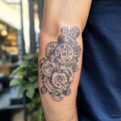 Inner arm tattoos with steampunk-inspired gears