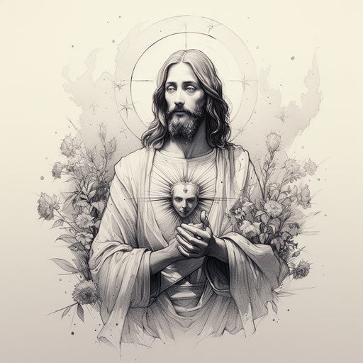 a beautiful tattoo of jesus with his heart, in graphite style