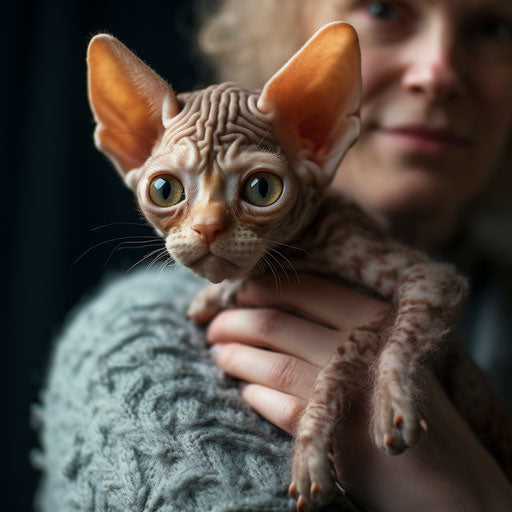 Devon rex cat held by its owner