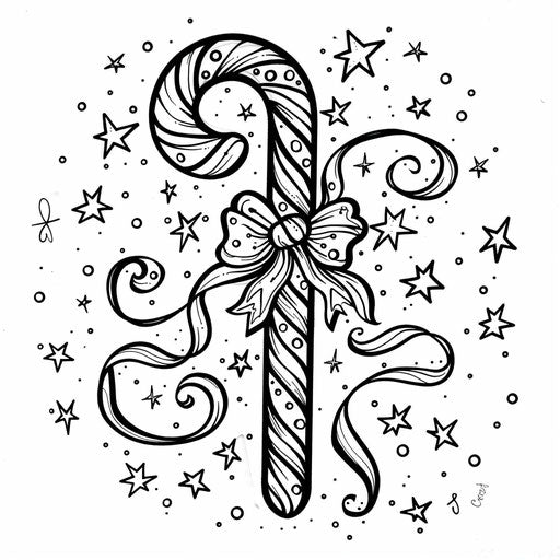 Candy cane with decorative swirls and stars