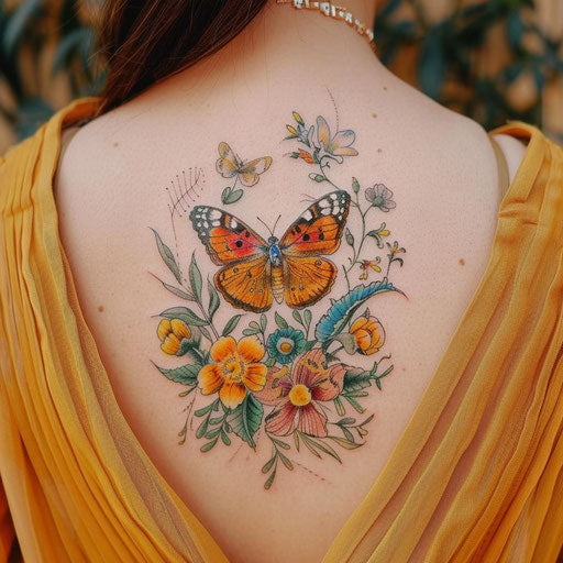 Botanical-themed mom tattoo with intricate flowers and butterflies