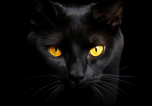 The black cat with yellow eyes on black background, dark golden