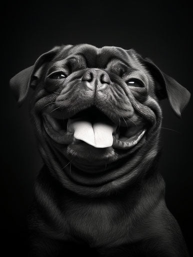 Black and white photo of a pug with a happy face