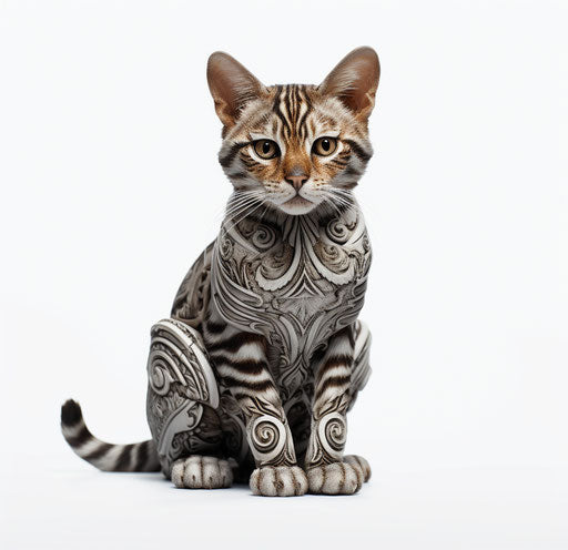 Cat sitting on white background, bold patterns, elaborate detailing