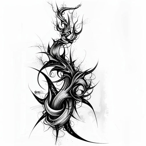 Flat tattoo sketch of an abstract root design with swirling lines and sharp angles