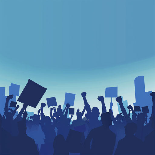 Photo-realistic protest flourish on flat indigo background