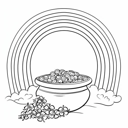 A rainbow with a pot of gold at the end. Coloring book page
