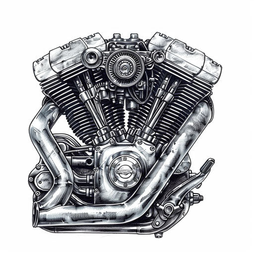 Realistic and detailed tattoo design of a motorcycle engine in grey on white background
