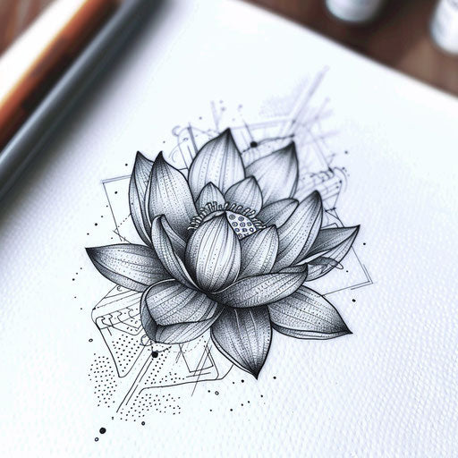 Intricate geometric tattoo design with lotus flower in hexagonal patterns