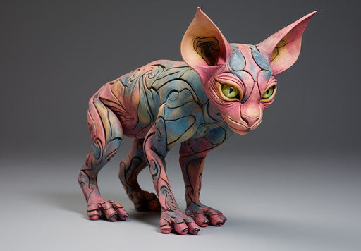 Sculpted sphynx cat in burnt style, green, beige, pink