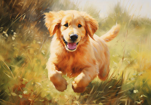 Golden retriever puppy on grass, full of movement
