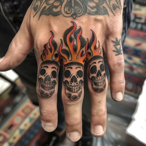 Finger tattoo of traditional skulls and flames