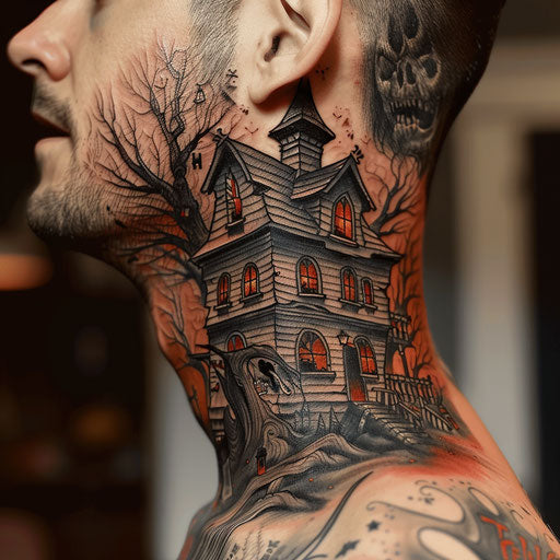 Side neck tattoos of a haunted house