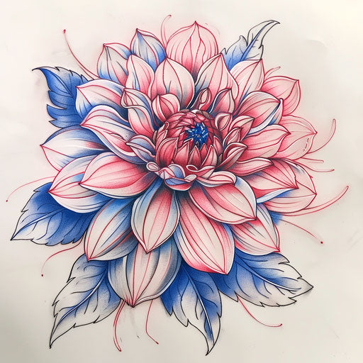 Duo-tone dahlia tattoo sketch with blue and pink shades