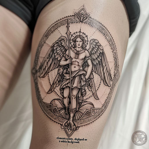 Mandala-inspired tattoo of Saint Michael, symmetrical patterns on pure white
