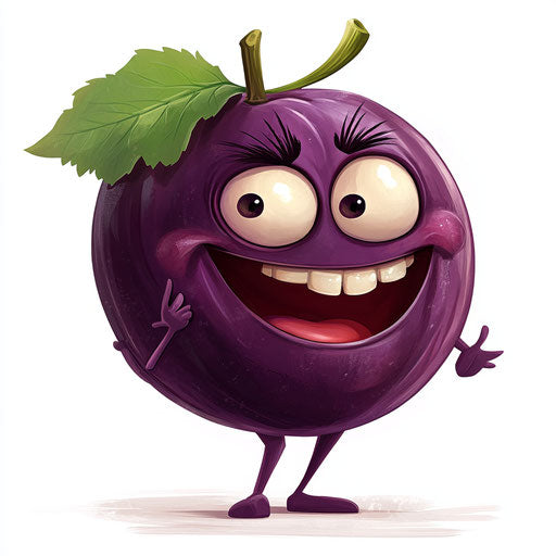 Humorous caricature of a plum with human characteristics