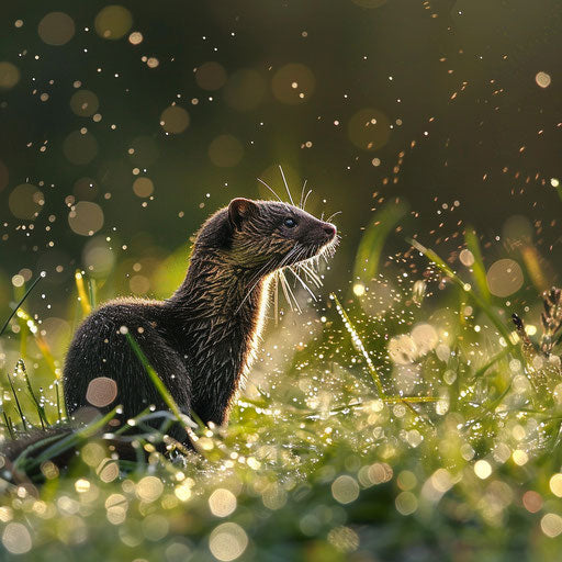 A wild skunk running through a meadow covered in dewy grass, early morning.