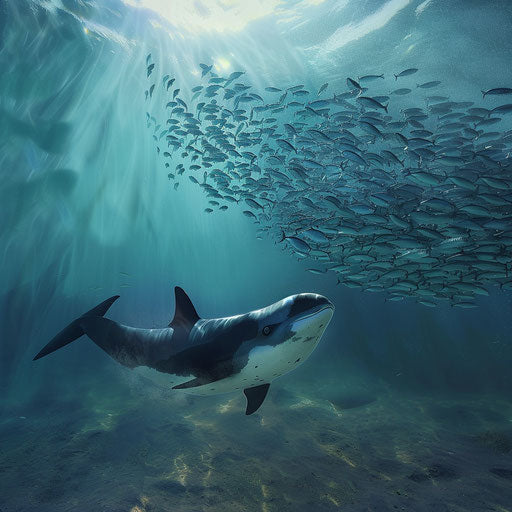 Curious porpoise approaching school of shimmering fish