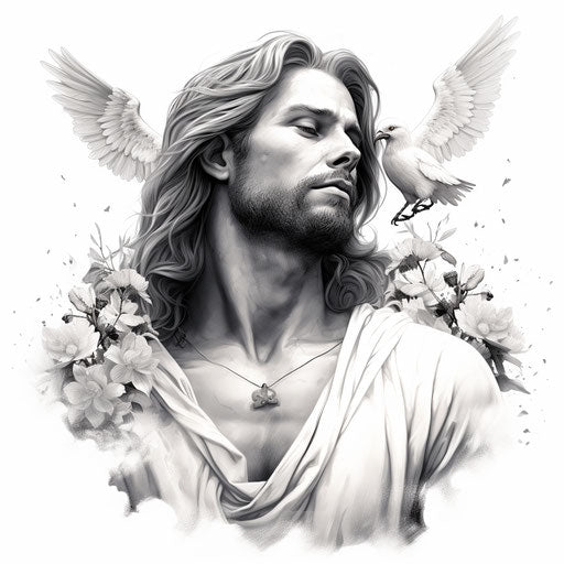 Free Jesus Tattoo in Rodenstock Imagon 300mm f/5.8 Style, White and Grey, Birds & Flowers, White Background, 8k 3D