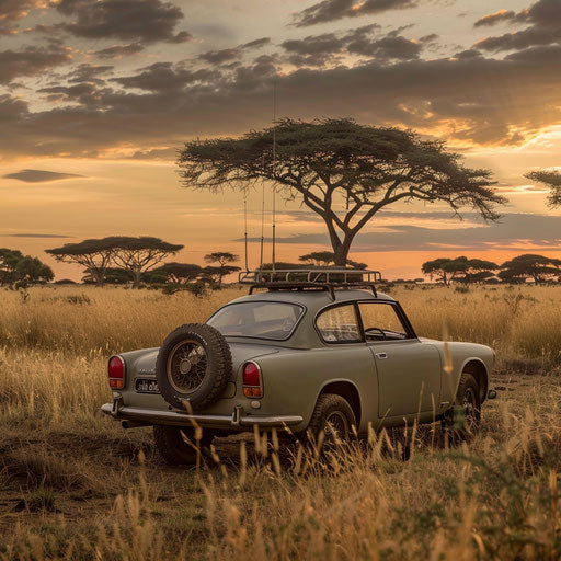 Exploring the African savannah in a 1966 Volvo P1800 safari