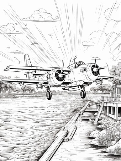Airplane Over Water Coloring Pages, Blown-Off-Roof Perspective Style, Military and Naval Scenes, Diagonals, Caricature-Like, Energetic, Sculpted 3:4