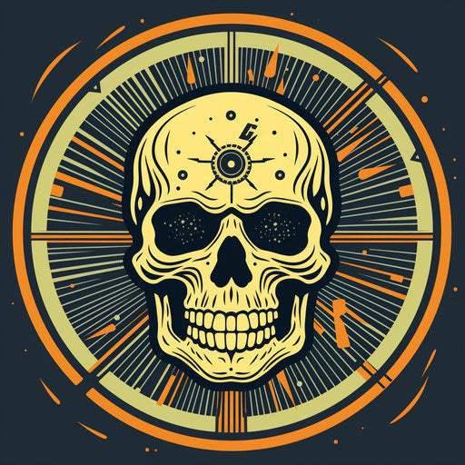 Skull on lightning button, dark white yellow style, hard lines