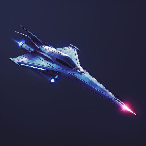 Realistic spaceship on flat indigo background