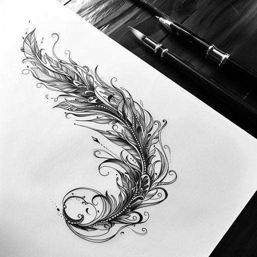 Art Nouveau feather on white paper