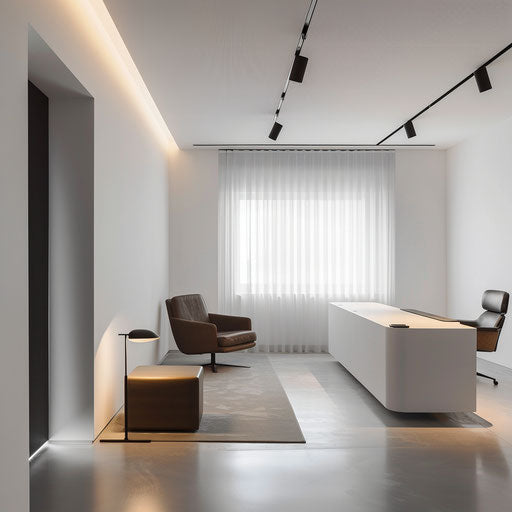 Minimalist office space with white walls and sleek furniture
