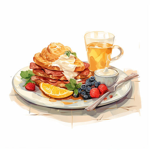 Breakfast illustration in the style of oil painting, on white background