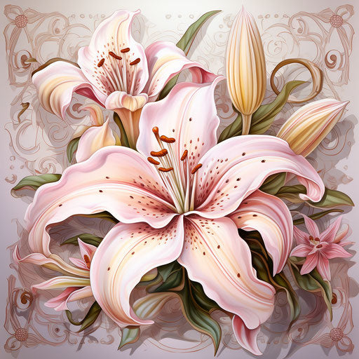 Pink lily on fanciful floral background