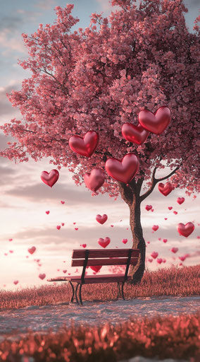 Bench under tree with heart-shaped balloons