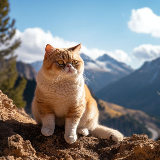Exotic cat sitting in front of mountain scenery