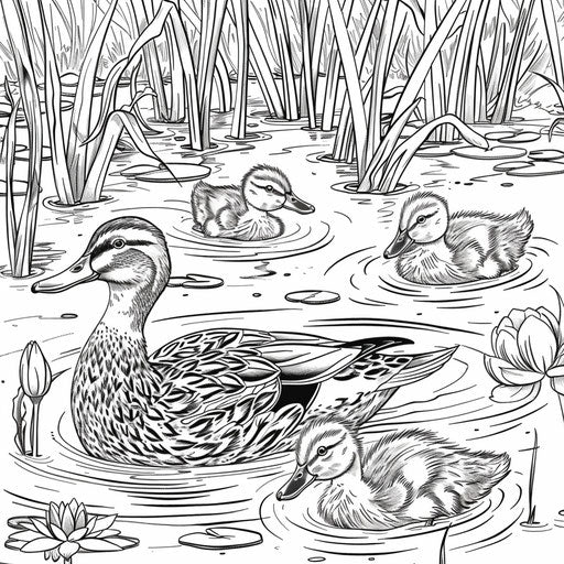 A family of ducks swimming in a spring pond.