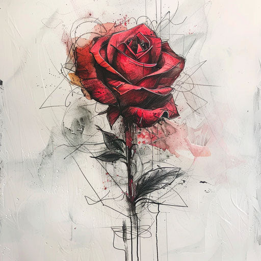 Eclectic tattoo sketch of a red rose with mixed media style and textured effects