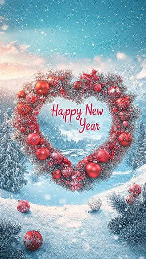 Heart-shaped wreath with red Christmas ornaments