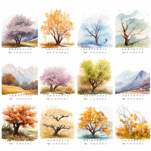 Illustration of months of the year in the style of Oil painting, on white background