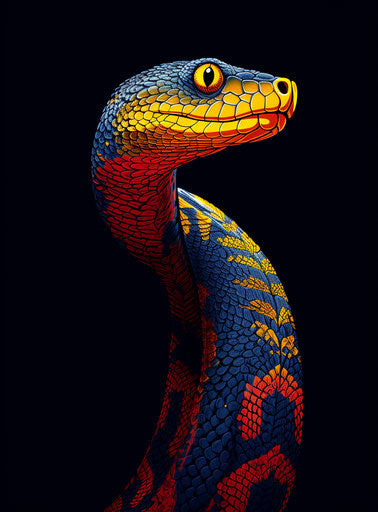 Blue and yellow snake front view, oriental minimalism