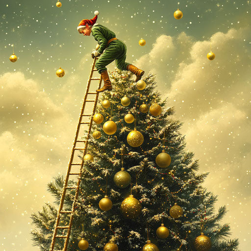 Elf on a ladder hangs golden baubles on the Christmas tree