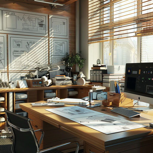 Engineer's office with CAD drawings and prototypes