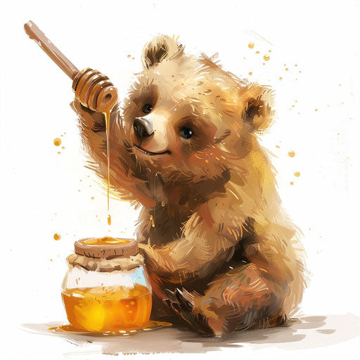 Honey tattoo of a bear reaching into a honey pot, playful and cute