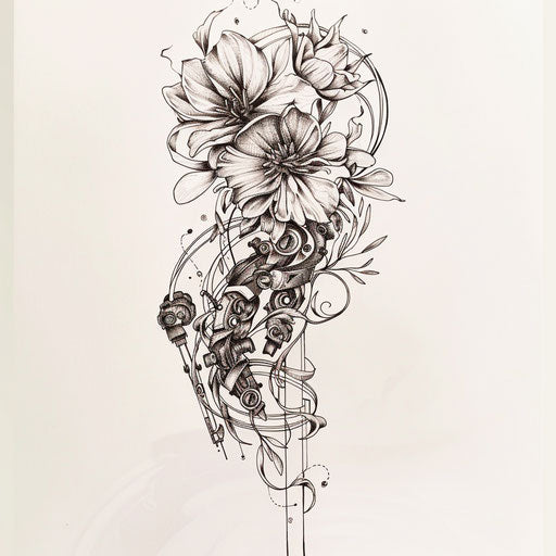Mechanical tattoo design inspired by Art Nouveau with flowing lines and mechanical flowers, on white background