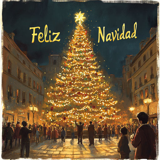 "Merry Christmas" in sparkling lights on a grand Christmas tree in a city square, with families gathering to celebrate.