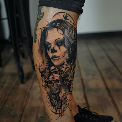 Victorian horror leg tattoo in the style of David Palumbo
