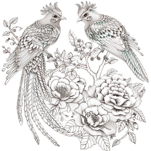 Exotic birds with ornate feathers - Coloring book page