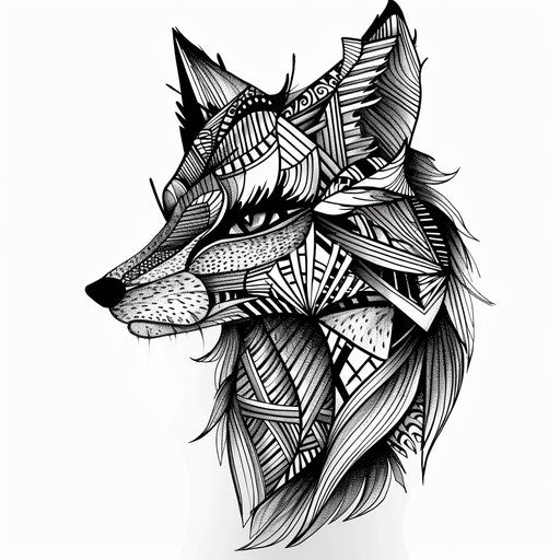 Intricate black and white fox tattoo art