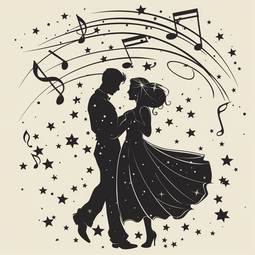 Dynamic flat tattoo sketch of a wedding dance floor with music notes and stars