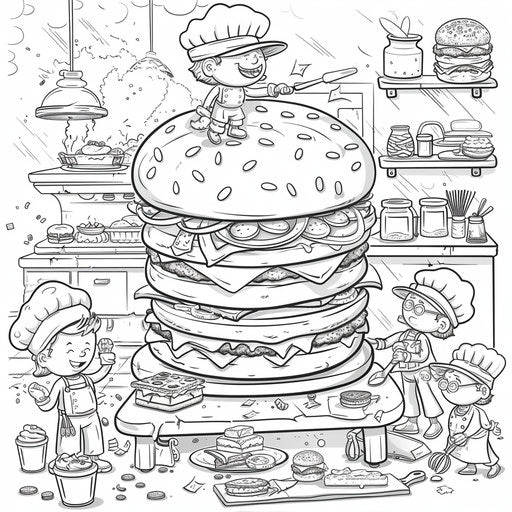 A playful scene of a burger being assembled by tiny chefs. Coloring book page